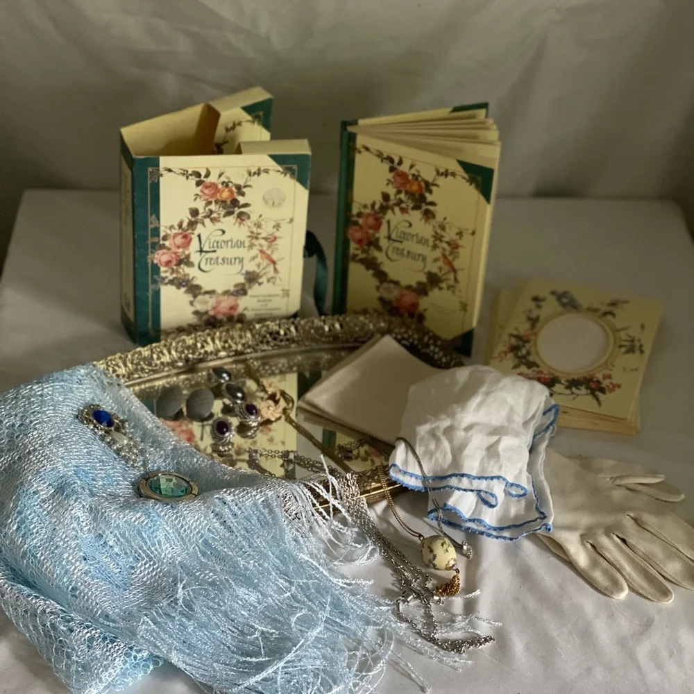Vintage bundle lot vanity tray mirror jewelry Accessories + gloves shawl coverup